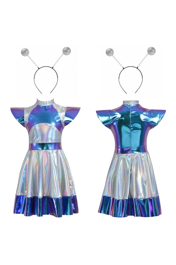 Girls' Space-Inspired Metallic Dress - Alien Astronaut Theme, Mesh Glitter Fabric, Included Headband for Dance Performances & Carnival Fancy Dress