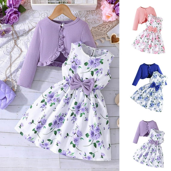 Cowsor Girls Spring 2 Piece Outfit 2 to 10 Years Solid Knit Cardigan Floral Cami Dress Set Casual Playwear for School Outdoor Activities Toddler Kids