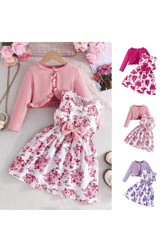 Girls Spring Casual Set 2 to 10 Years Solid Knit Cardigan Printed Cami Dress 2 Piece Outfit Comfortable Wear for Park Play Daily Toddler Activities