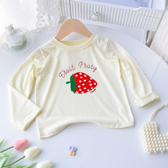 Cowsor Girls Strawberry Print Shirts Long Sleeve T-Shirts Letter Graphic Tees Fall Cotton Tshirts Tops