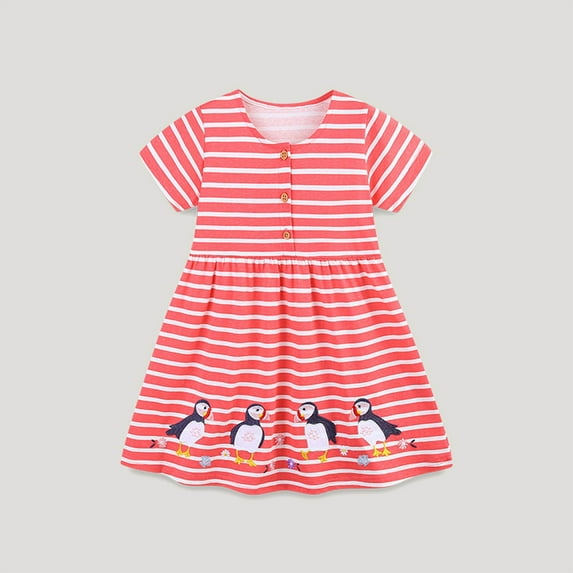 Cowsor Girls Striped Penguin Printed Short Sleeve Dress Button Front Cute Summer Sundress for 2-8 Years Old
