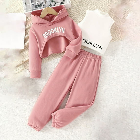 Cowsor Girls Tracksuits 3 Piece Outfits Brooklyn Printed Cropped Hoodies and Tank Tops with Pants Sets for Fall