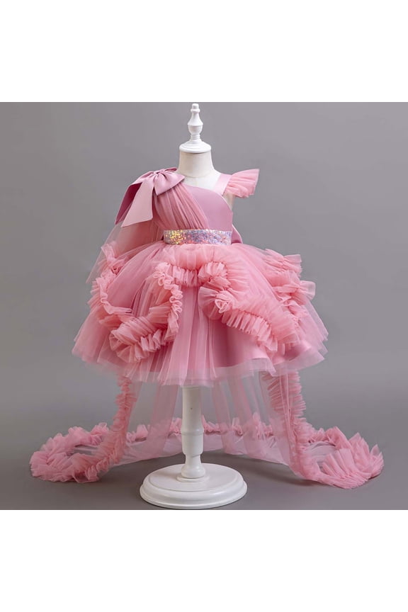 Girls' Trendy Glitter Mesh Gradient Dress - Irregular Bow Accent, Colorful Elegant Design for Special Occasions, Dance Recitals & Holiday Parties