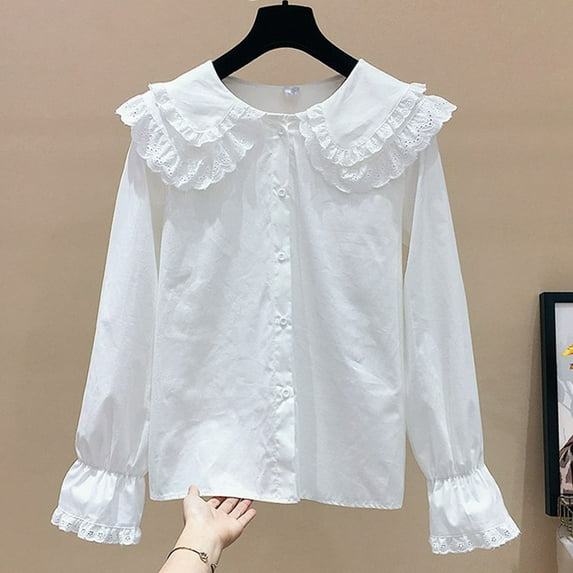Cowsor Girls Vintage Regular Fit Ruffle Collar Blouse Long Sleeve Button Down Shirt