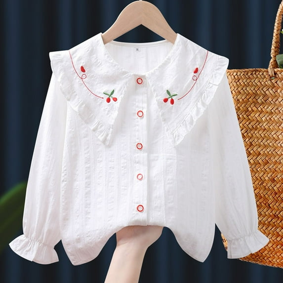 Cowsor Girls Vintage Regular Fit Ruffle Collar Blouse Long Sleeve Button Down Shirt