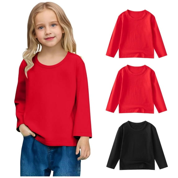 Cowsor Kids Basic Cotton Shirts 3 Pack Girls Boys Long Sleeve Tshirt Crewneck Top Casual Solid Color T-Shirt Soft Comfy Tee