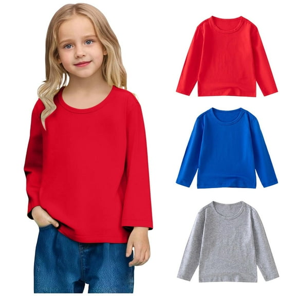 Cowsor Kids Basic Cotton Shirts 3 Pack Girls Boys Long Sleeve Tshirt Crewneck Top Casual Solid Color T-Shirt Soft Comfy Tee