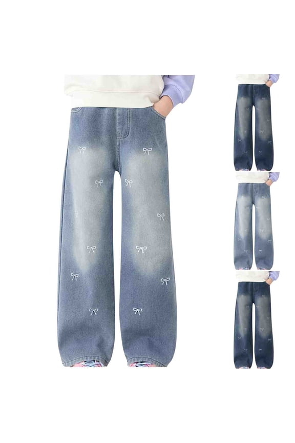 Kids Bow Embroidery Casual Jeans Big Girls Elastic Waist Loose Long Pants With Pockets Comfortable Daily Denim Trousers For 5-15 Years Old