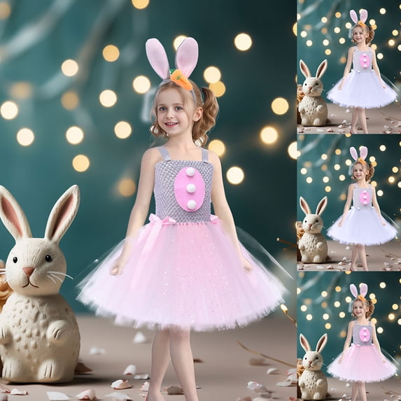 Cowsor Kids Easter Cartoon Bunny Princess Dress 2 Piece Costume Set with Headband Sleeveless Performance Party Outfit 3-11 Years