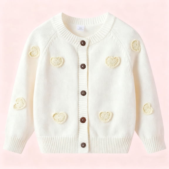 Cowsor Kids' Embroidered Little Heart Cardigan Sweater - Long Sleeve Fleece Knit, Round Neck, Breathable Comfort for Playdates & Family Gatherings Trendy Kids Wear