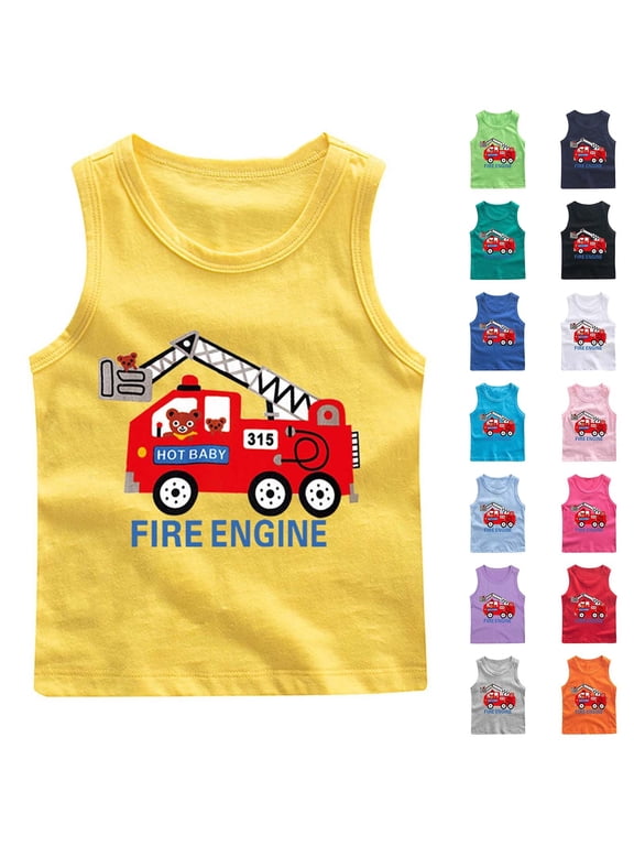 Kids Fire Engine Bear Printed Crewneck Tank Top Soft Summer Base Layer Tee for 1-12 Years Old Boys Girls