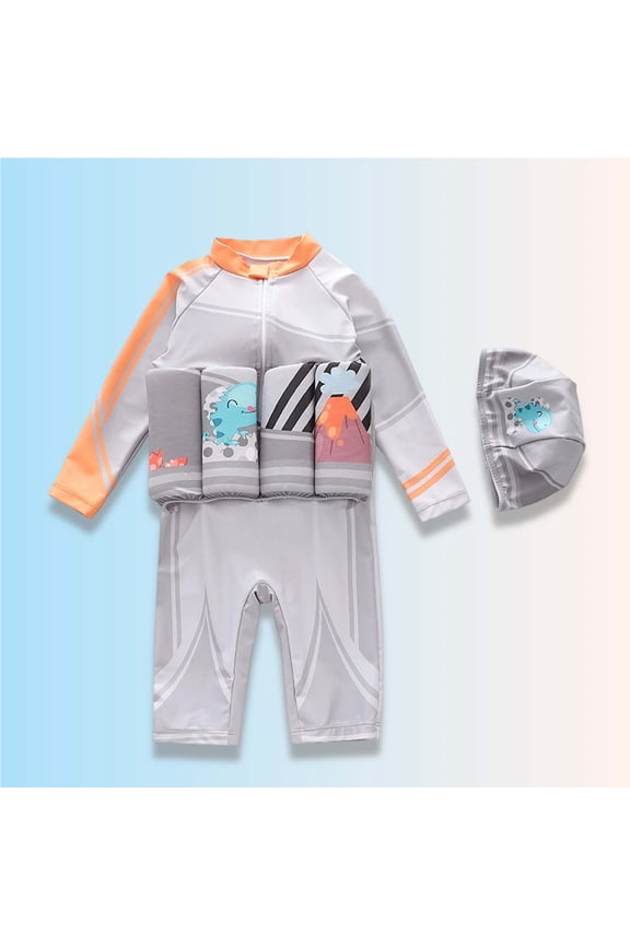 Kids Floatation Swimsuit Boys One Piece Bathing Suit with Printed Design Buoyant Swimwear with Swim Cap Safe for Swimming Training