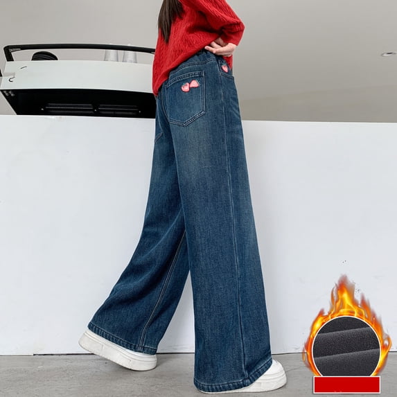 Cowsor Kids Girls Jeans Washed Elastic Waist Wide Leg Baggy Pants