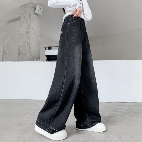 Cowsor Kids Girls Jeans Washed Elastic Waist Wide Leg Baggy Pants