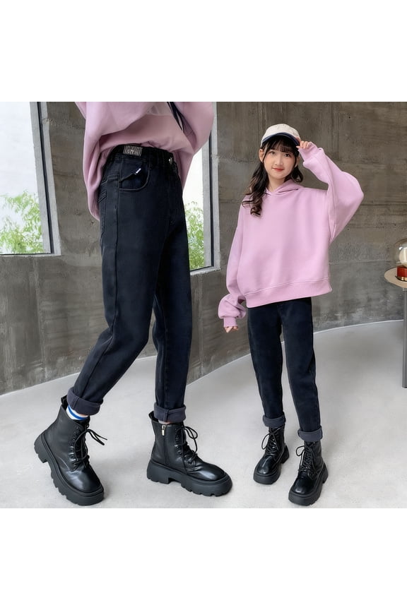 Kids Girls Jeans Washed Elastic Waist Wide Leg Baggy Pants