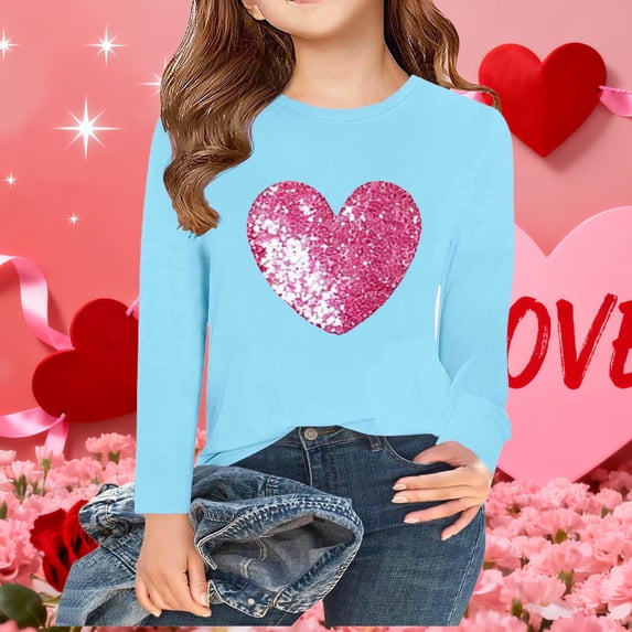 Cowsor Kids' Heart Print Long Sleeve Crewneck Shirt - Soft Skin-Safe Stretchy Fabric, Layering-Friendly Design for School, Casual Outings & Holiday Family Photos (3-15 Years)