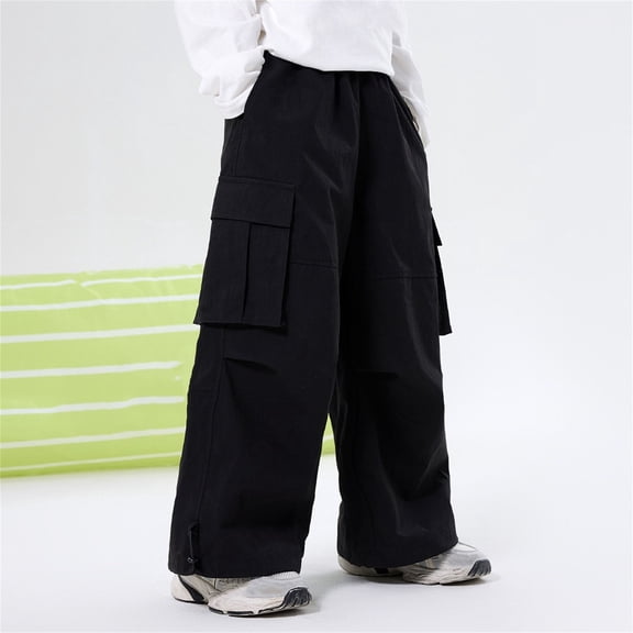 Cowsor Kids' Solid Color Work Pants - Elastic Waist with Multi-Pockets, Durable Casual Bottoms for School, Errands & Playtime, 3-15 Years (Black/Khaki)