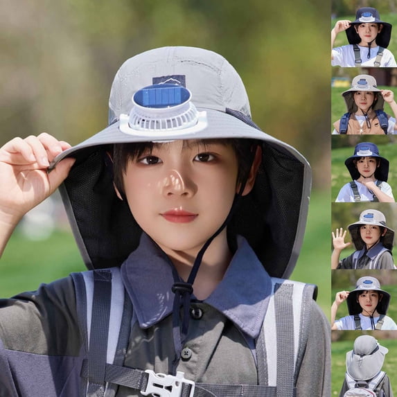 Cowsor Kids Summer Sun Hat with Solar Fan Large Brim Shawl Fisherman Hat UV Protection Outdoor Sun Protection Cap