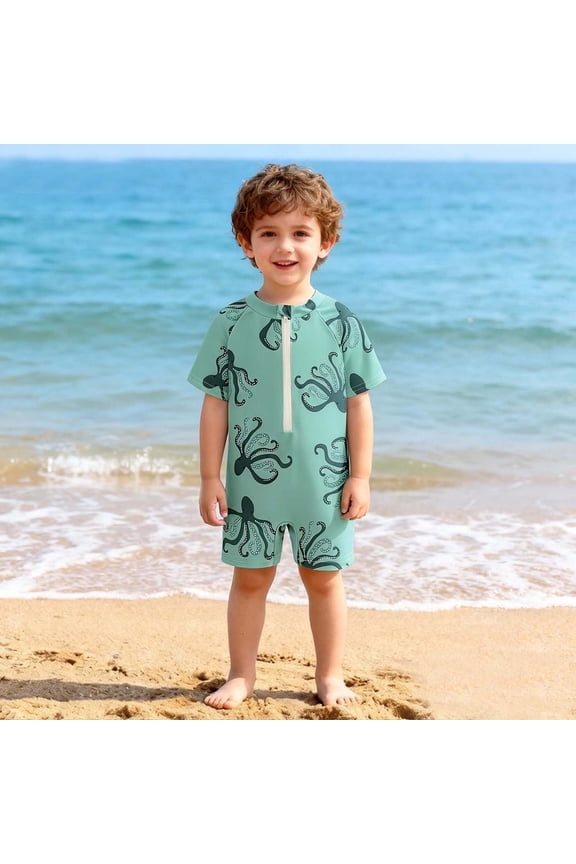 Little Boys One Piece Swimsuit Lovely Print Half Placket Design UV Protection Quick Dry for Beach Pool and Summer Water Activities
