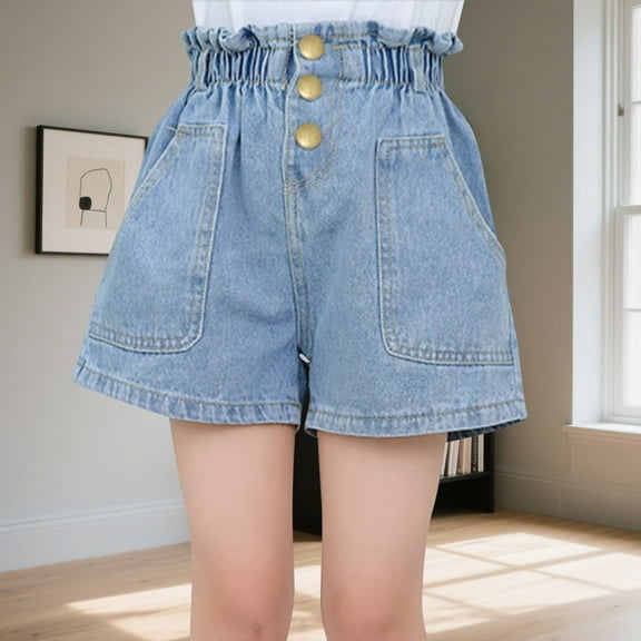 Cowsor Little Girls Jean Shorts Denim Embroidered Elastic Waist Shorts for Teen Girls with Pockets