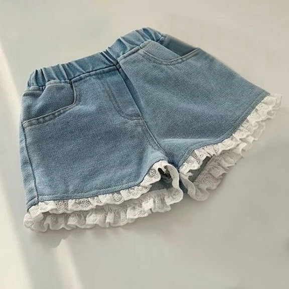 Cowsor Little Girls Jean Shorts Denim Embroidered Elastic Waist Shorts for Teen Girls with Pockets