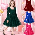 thumbnail image 1 of Cowsor Little Girls Long Sleeve Solid Color Dress Star Print Tulle Patchwork Bow Decor Square Neck Casual Princess Dress for 3 to 9 Years Old Kids Daily Outings, 1 of 6