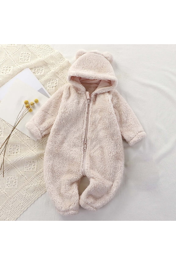Newborn Baby Bear Outfit With Fold-Over Mittens and Footies Girls Boys Winter Fleece Clothes Hooded Romper Snowsuit
