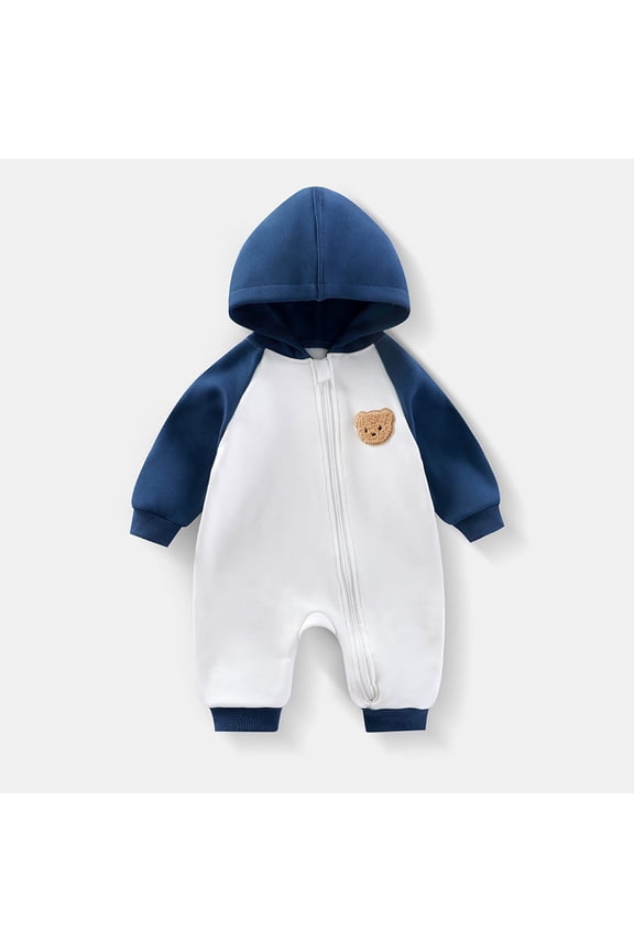Newborn Baby Clothes Color Block Long Sleeve Hooded Romper with Pocket Fall Winter One Piece Outfits