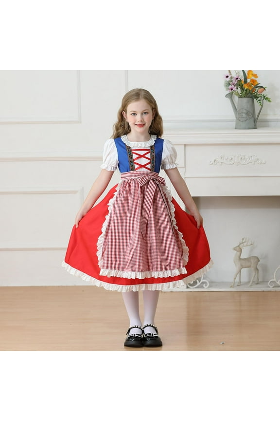 Oktoberfest Costume for Girls Kids Teens Traditional German Bavarian Dirndl Dress with Maid Apron Halloween Outfit