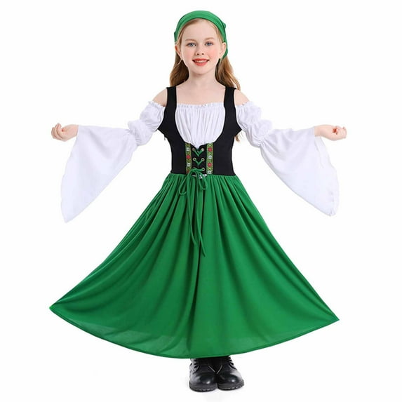 Cowsor Renaissance Dress for Kids Girls Medieval Princess Dresses Off Shoulder Bell Sleeve Victorian Dress