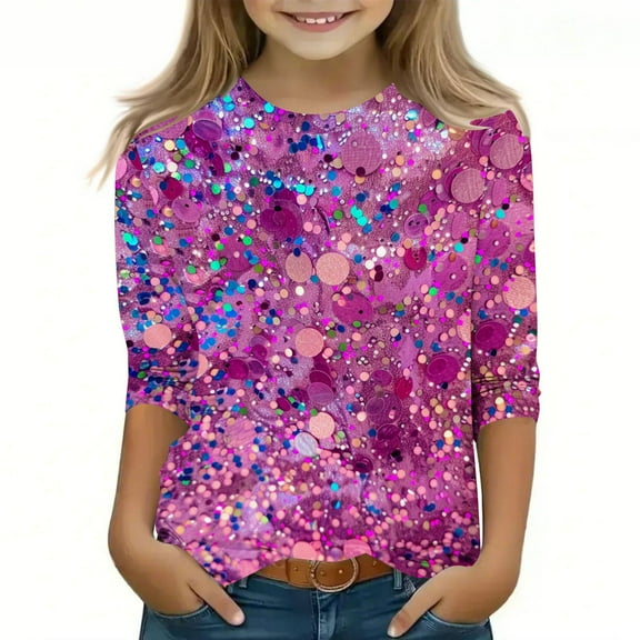 Cowsor Sequin Tops for Kid Girls Long Sleeve Shirt Sequin Party Night Glitter Sparkly Fit Dressy Blouse Crew Neck T Shirt