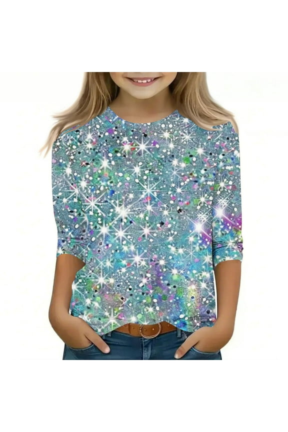 Sequin Tops for Kid Girls Long Sleeve Shirt Sequin Party Night Glitter Sparkly Fit Dressy Blouse Crew Neck T Shirt