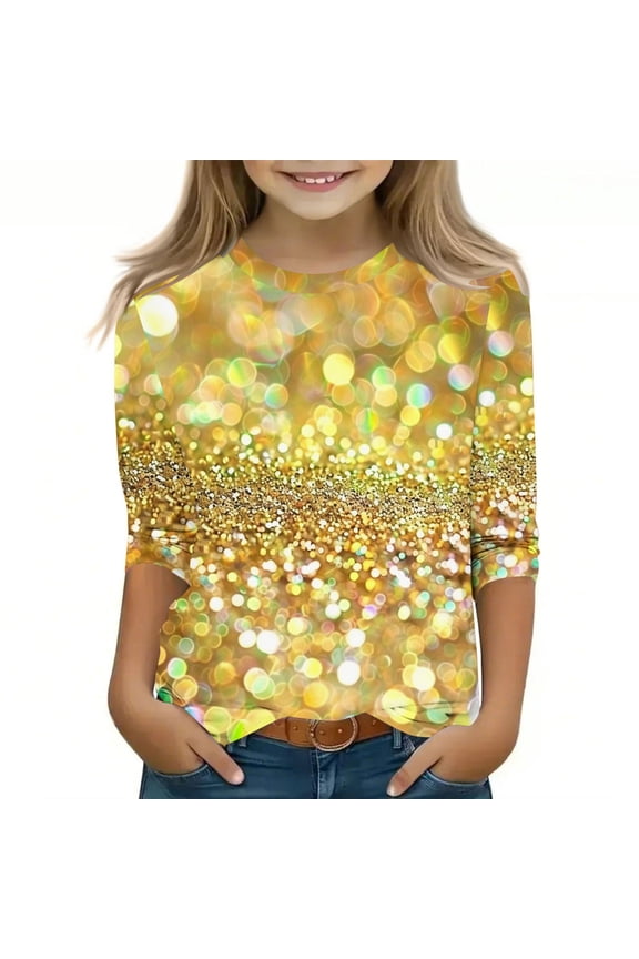 Sequin Tops for Kid Girls Long Sleeve Shirt Sequin Party Night Glitter Sparkly Fit Dressy Blouse Crew Neck T Shirt