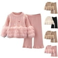 thumbnail image 1 of Cowsor Toddler Baby Girls Knit Flared Pants Set Cute Ribbed Fleece Round Neck Tops Flare Wide Leg Pant Outfits Winter Casual, 1 of 3