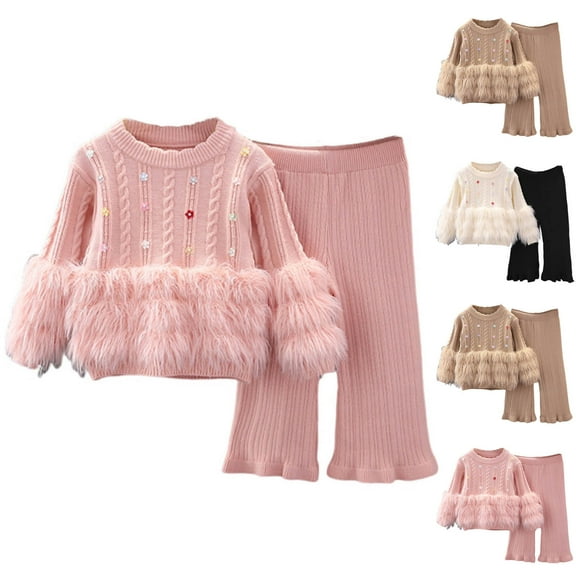 Cowsor Toddler Baby Girls Knit Flared Pants Set Cute Ribbed Fleece Round Neck Tops Flare Wide Leg Pant Outfits Winter Casual