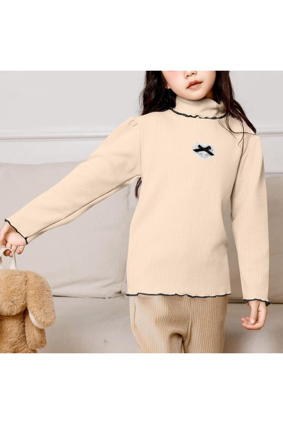 Toddler Baby Ribbed Knit Cotton Solid Turtleneck Tops Ruffles Long Sleeve Mock Neck Shirts Soft Slim Fit Teen Girls Sweater