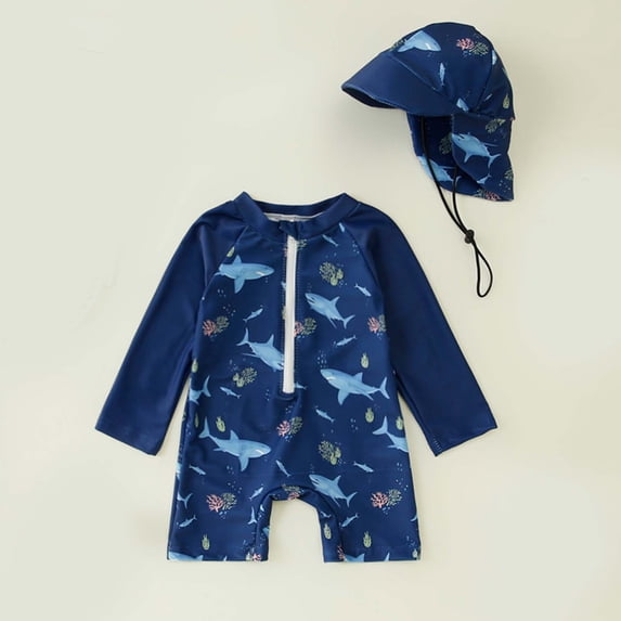 Cowsor Toddler Boys Two Piece Swimsuit Set Adorable Print Half Placket Bathing Suit with Swim Cap Quick Dry for Summer Vacation Beach