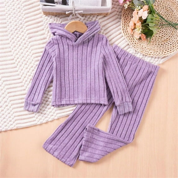 Cowsor Toddler Girl Fall Clothes Set Long Sleeve Ribbed Knit Tops Pants Set Solid Color 2-Piece Outfit for Kids