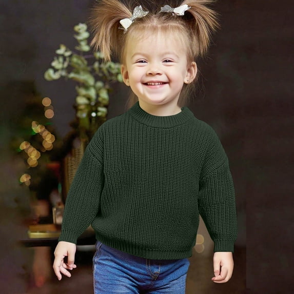 Cowsor Toddler Girls Elastic Sweater Long Sleeve Round Neck Cotton Knitwear Winter Solid Color Casual Base Knit Top for Kids