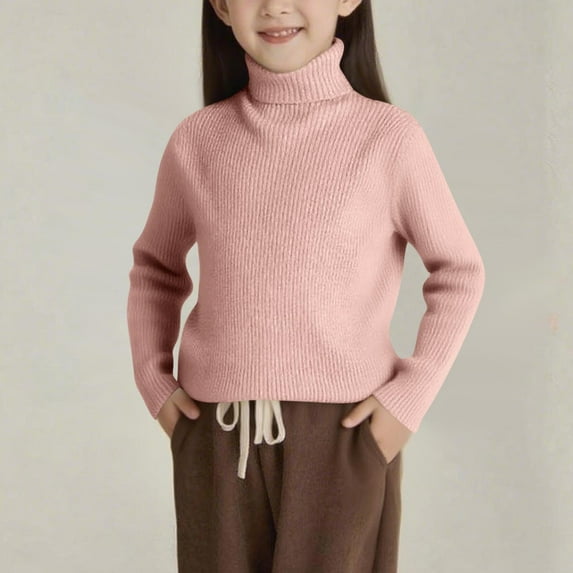 Cowsor Toddler Girls Elastic Sweater Long Sleeve Round Neck Cotton Knitwear Winter Solid Color Casual Base Knit Top for Kids