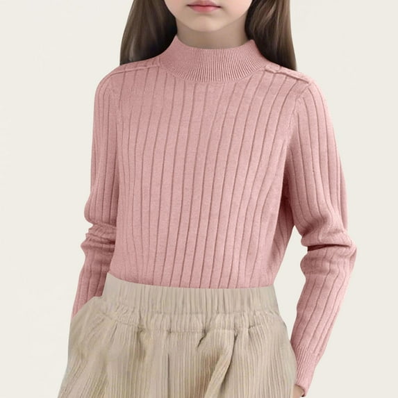 Cowsor Toddler Girls Elastic Sweater Long Sleeve Round Neck Cotton Knitwear Winter Solid Color Casual Base Knit Top for Kids