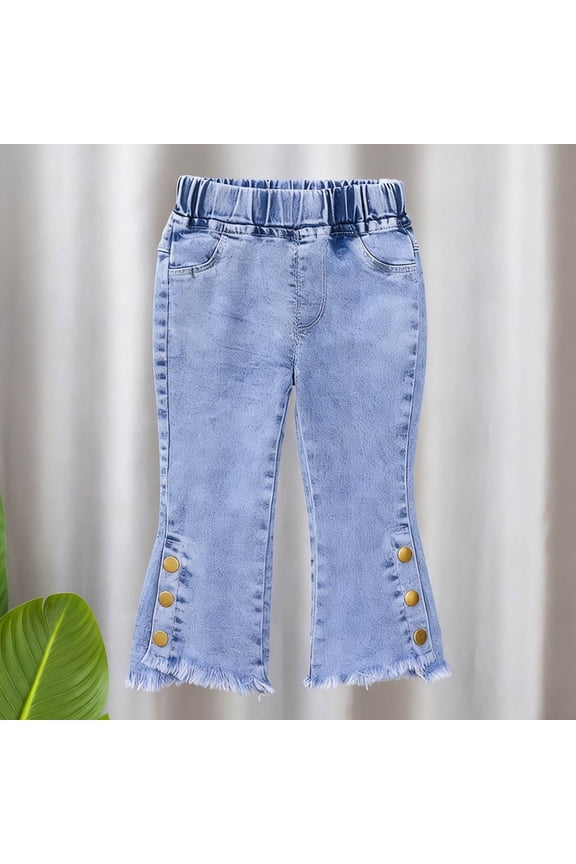 Toddler Girls Flare Slim Fit Jeans Elastic Waist Button Split Cuff Long Pants Spring Summer Casual Daily Outdoor Wear For 1-6 Years Old