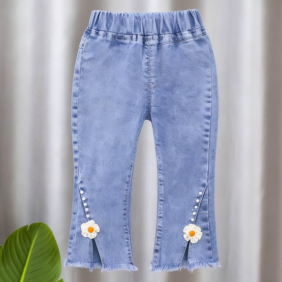 Cowsor Toddler Girls Flare Slim Fit Jeans Elastic Waist Floral Split Cuff Long Pants Spring Summer Casual Daily Outdoor Wear For 1-6 Years Old