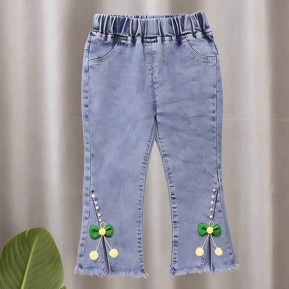 Cowsor Toddler Girls Flare Slim Fit Jeans Elastic Waist Green Bow Split Cuff Long Pants Spring Summer Casual Daily Outdoor Wear For 1-6 Years Old
