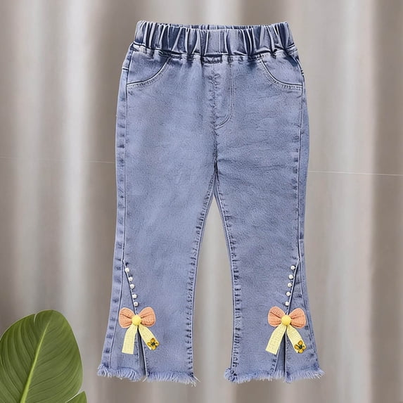 Cowsor Toddler Girls Flare Slim Fit Jeans Elastic Waist Pink Bow Split Cuff Long Pants Soft Breathable Spring Summer Outdoor Bottoms For 1-6 Years Old
