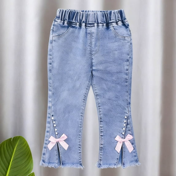 Cowsor Toddler Girls Flare Slim Fit Jeans Elastic Waist Pink Bow Split Cuff Long Pants Spring Summer Casual Outdoor Bottoms For 1-6 Years Old