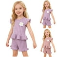 thumbnail image 1 of Cowsor Toddler Girls Floral Flutter Sleeve Summer Set Short Sleeve Shorts Two Piece Ribbed Knit Casual Outfit For 2-7 Years Old, 1 of 7