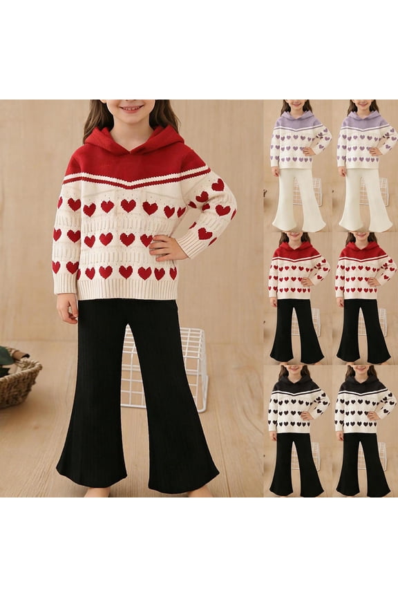 Toddler Girls Hooded Heart Print Sweater Set Long Sleeve Top Pants Two Piece Warm Casual Outfit For Spring Fall Winter 1-12 Years Old
