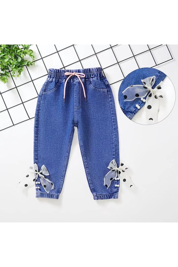 Toddler Girls Pearl Embellished Stretch Tapered Jeans Patch Detail Denim Long Pants Durable Play Bottoms For 6 Months-6 Years Old