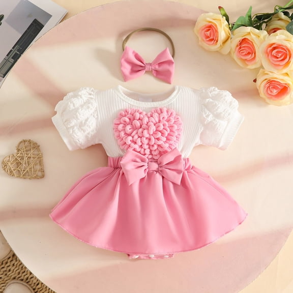 Cowsor Toddler Girls Solid Color Bow Dress | Round Neck Short Sleeve with Hairband | Soft Comfortable Crotch Design | Daily Birthday Party Casual Outfit | 0-18 Months